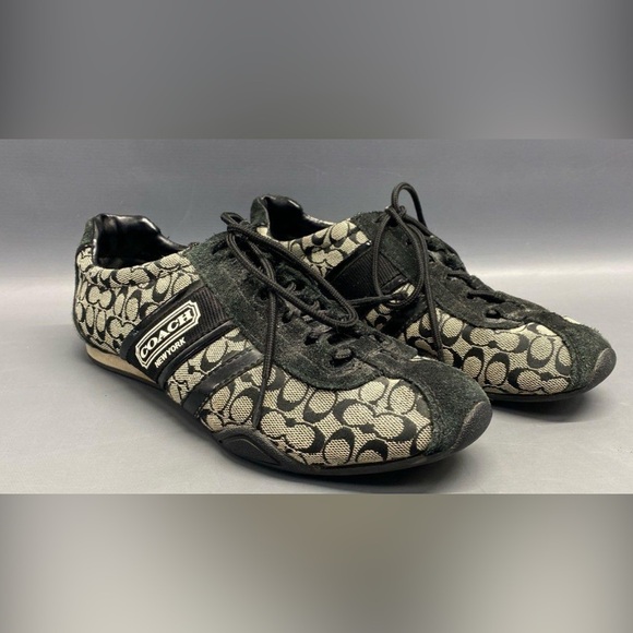 Coach Shoes Womens Sz 8Black Lace Up Canvas Suede Logo Trainers Designer Shoe - Picture 1 of 6